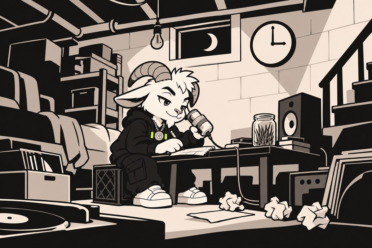 3 a.m. in Nana's basement: GOAT hunches over a tiny desk with a soda-can microphone and a jar of grass.