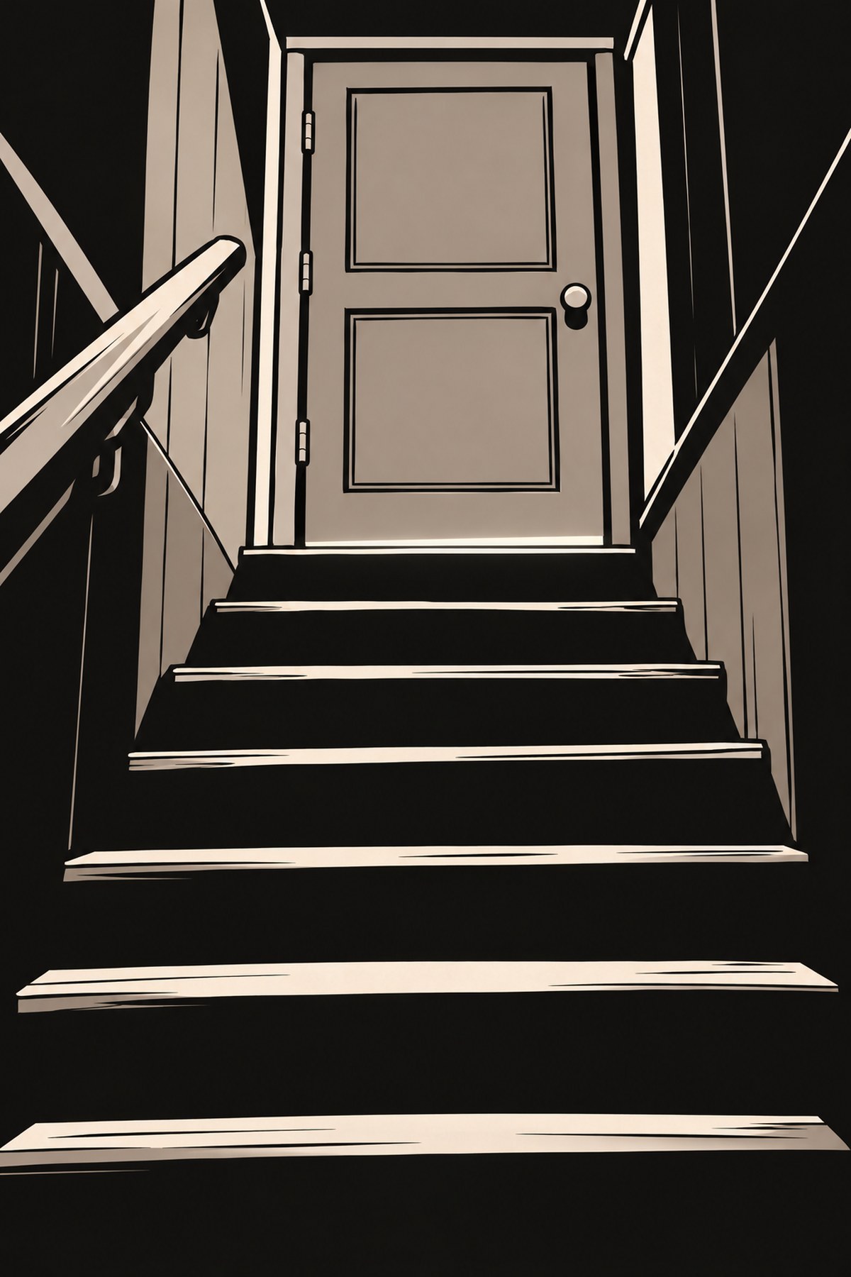 The basement door at the top of the stairs, a line of light under it.