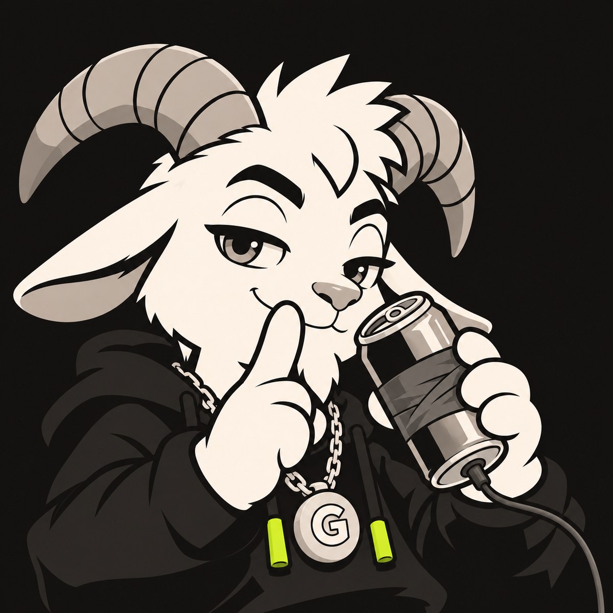 Close-up: GOAT whispers into the soda-can mic, finger to his lips.
