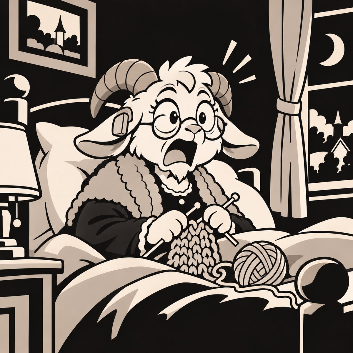 Upstairs, Nana sits bolt upright in bed, hearing aid on, knitting in her lap.